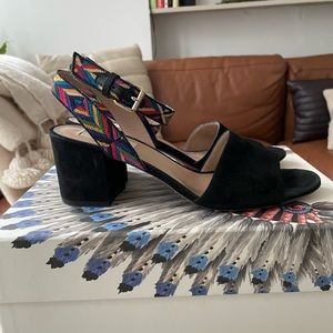 Valentino Garavani Black Suede Sandals Heels TRIBAL WOVEN Ankle Strap 38 / 8 US